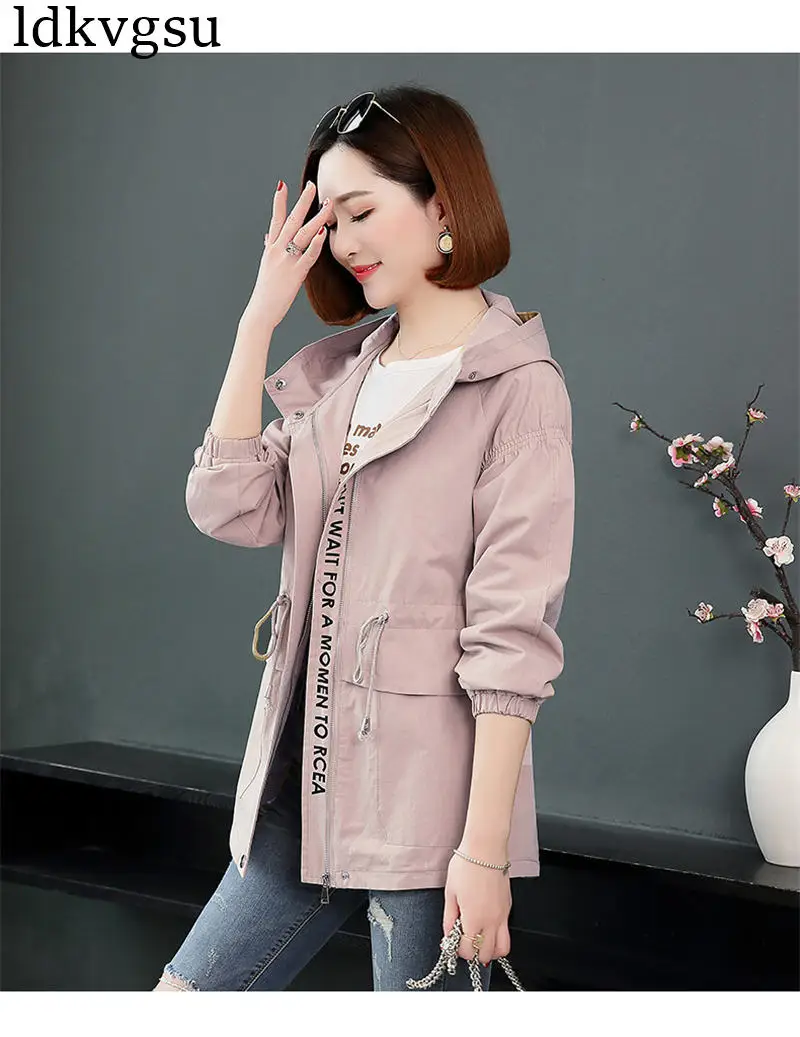 Новая модная короткая куртка женская Корейская Весна Осень Женские Пальто Повседневная ветровка с капюшоном верхняя одежда V419