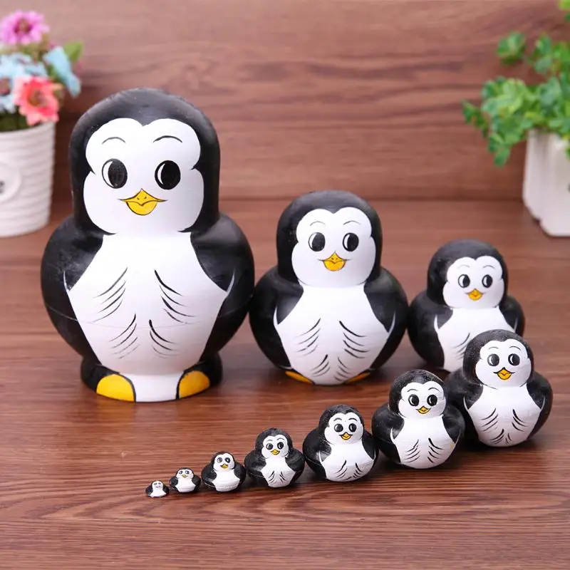 Kaufen 10 teile satz Pinguin Muster Russische Matryoshka Puppen Handgemachte Linde Wohnkultur Kinder Matryoshka Puppe Spielzeug Geschenk