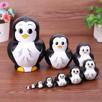 

10pcs/Set Penguin Pattern Russian Matryoshka Dolls Handmade Basswood Home Decor Kids Matryoshka Nesting Doll Toy Gift