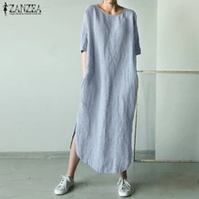 2021 zanzea feminino o pescoço manga curta vestido de verão sólido algodão linho dividir longo vestido feminino robe casual vestido de festa