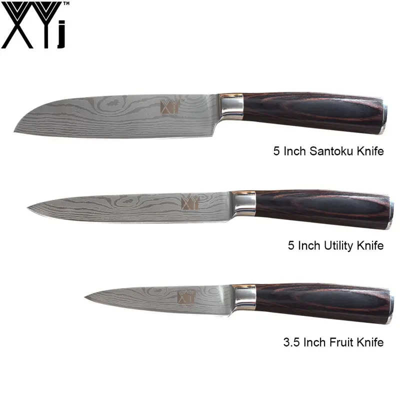 XYj дамасский узор кухонные ножи 7Cr17 ножи из нержавеющей стали шеф-повара для нарезки сантоку утилита для очистки овощей нож для приготовления пищи аксессуары - Цвет: F.(3 Pcs Set)