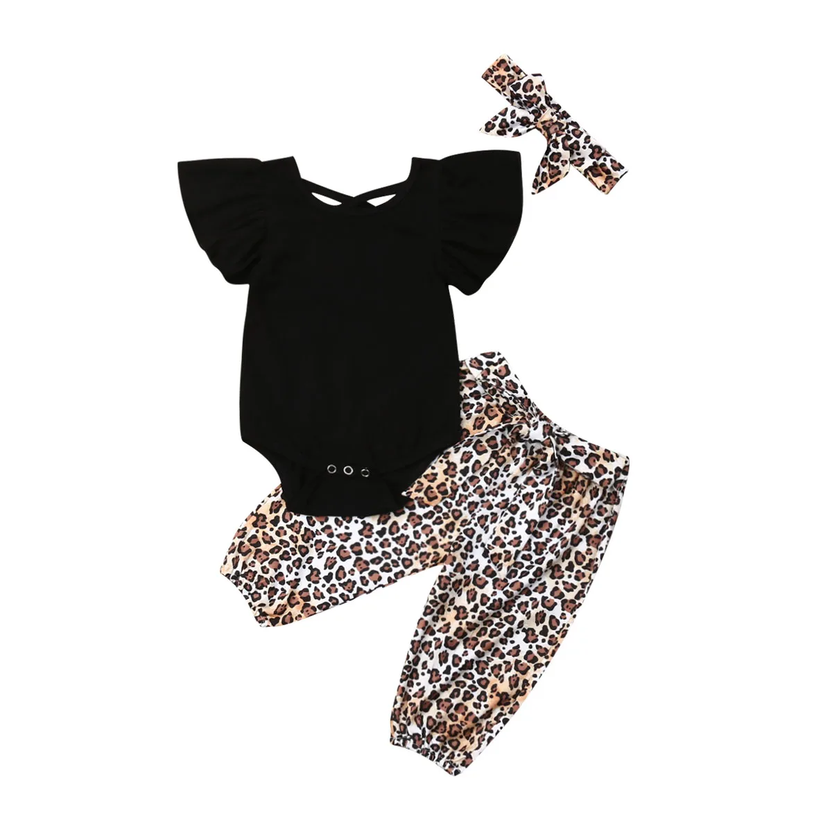 

3PCS Newborn Baby Girl Clothes Flying Sleeve black Romper Tops+Leopard print Long Pants+headband summer Outfit Sunsuit