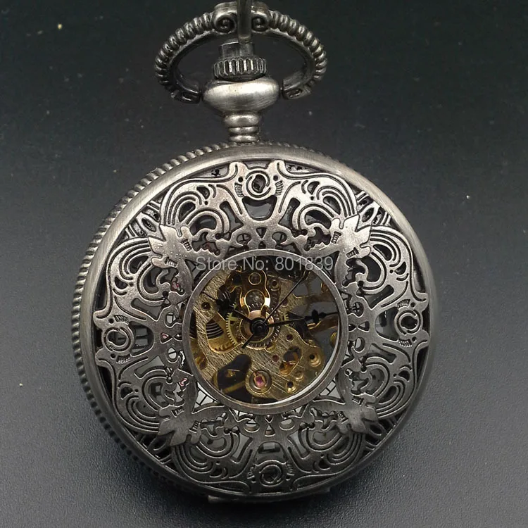 Classic Skeleton Wind Up Mechanical MENS POCKET WATCH W/ CHAIN Nice