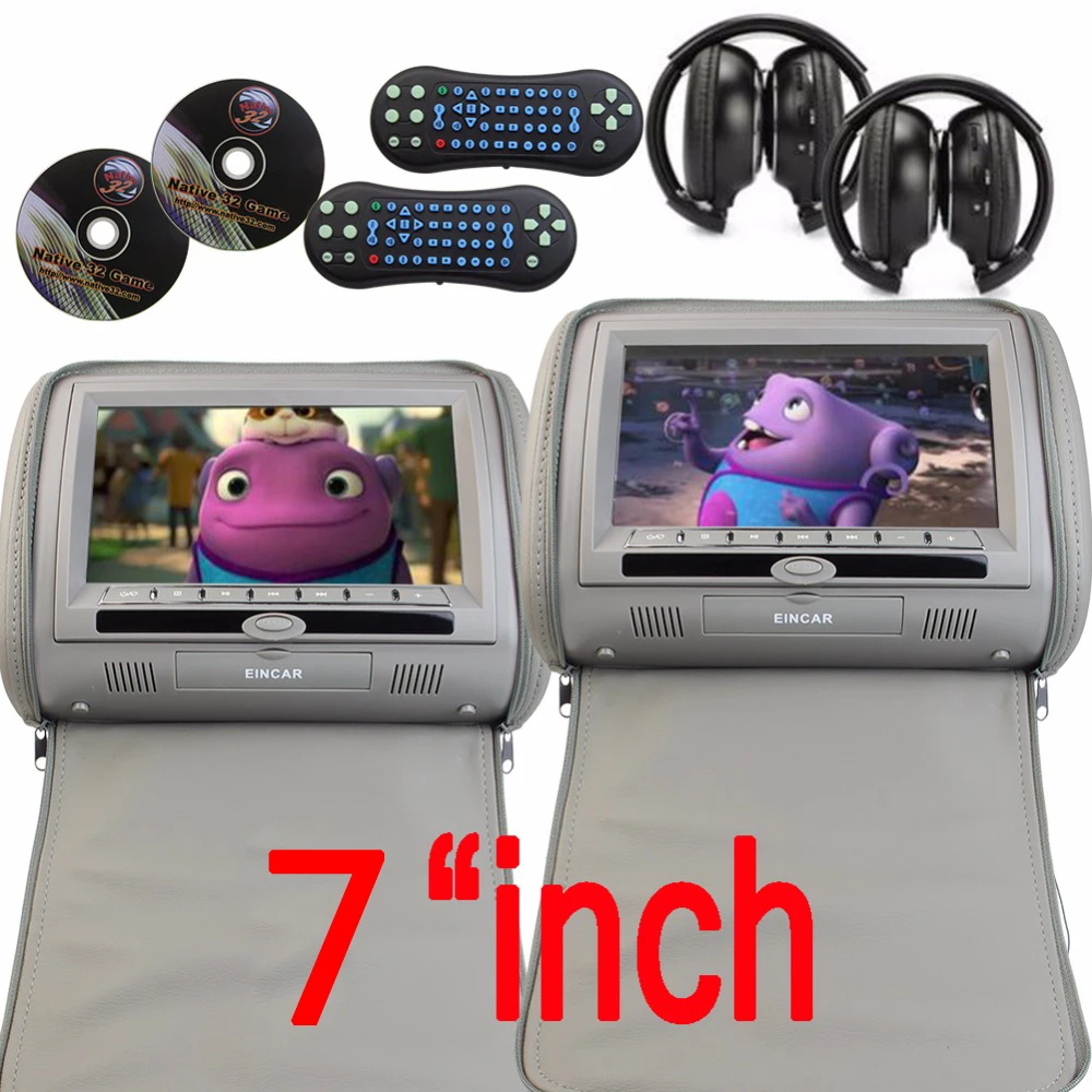Pair of Headrest 7 LCD font b Car b font Pillow Monitor CD DVD Player Dual