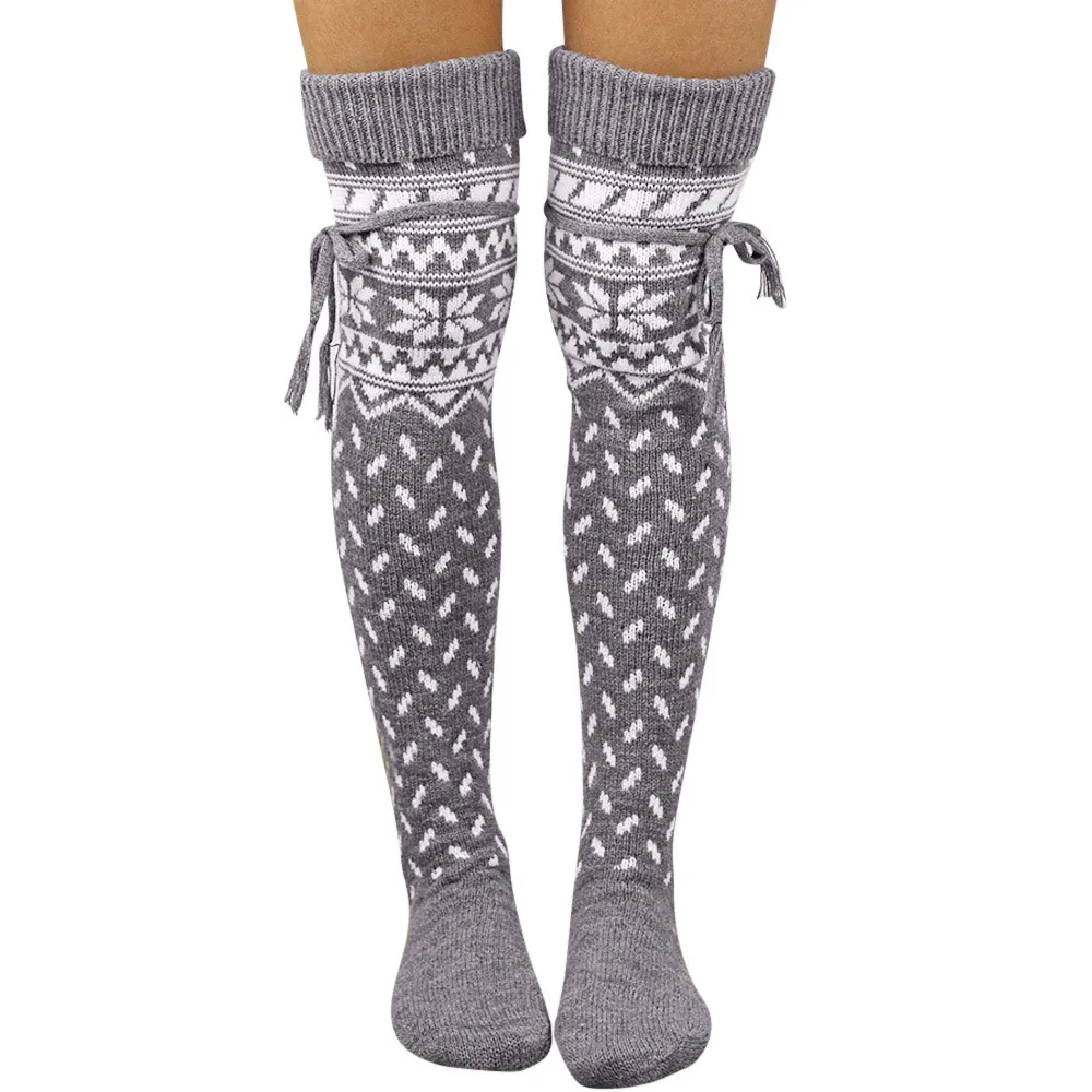 

Women Christmas Warm Thigh High Long Stockings Knit Over Knee Socks Xmas Lady woven snowflake strap over knee wool in stockings