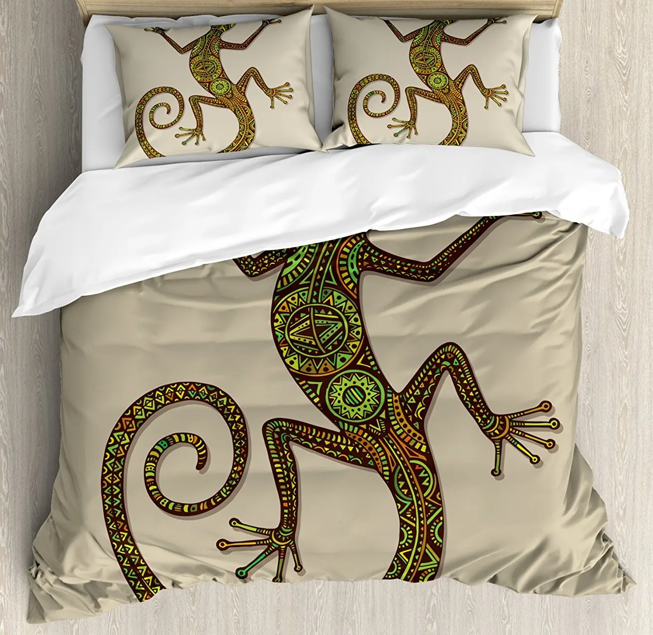 

Duvet Cover Set , Ornamental Colorful Lizard with Ethnic Patterns Moving around Exotic Creature Theme, 4 Piece Bedding Set