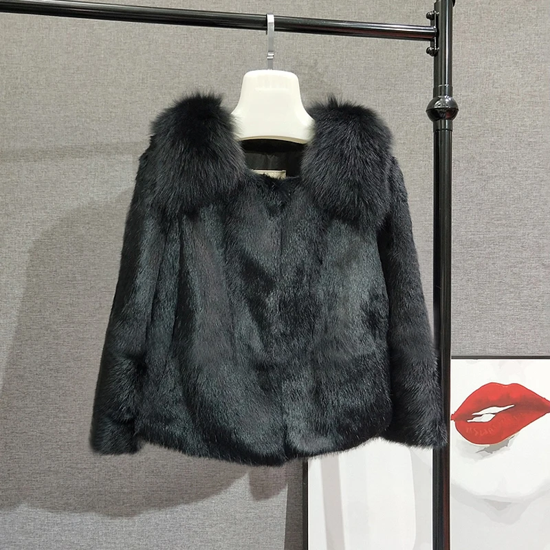 

Genuine Fur Coat Real Rabbit Fur Jacket With Natural Fox Fur Coat Women New Winter Warm Outwear tsr633