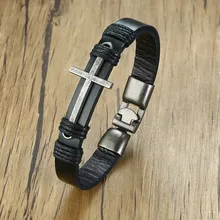 Man Cross Leather Bracelet Ancient Silver Sideways Faith Christian Jewelry Mens Bracelet Pulseira Masculina