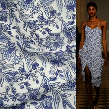 Китай дизайн Китай принт Смешанная шелково-хлопковая ткань синий цветочный узор, SCT475