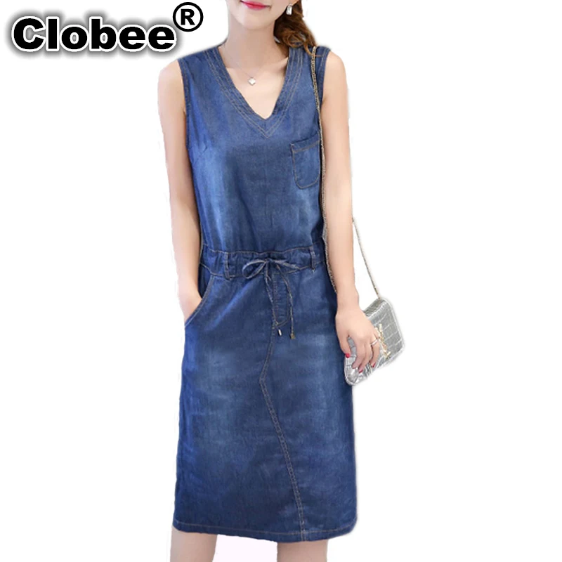 

Clobee Summer Denim Dress Women Plus Size Clothing Sleeveless Jeans Shirt Dress Female V Neck Midi Beach Dresses Vestidos Y68