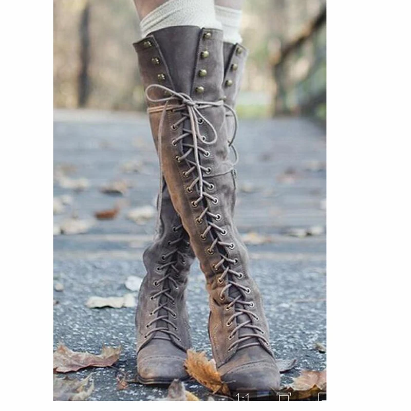 

Sexy Ladies Long Spring Autumn High Heels Western Boots Sheos Rivets Lace Up Bandage Square Heels Over The Knee Motorcycle Boots