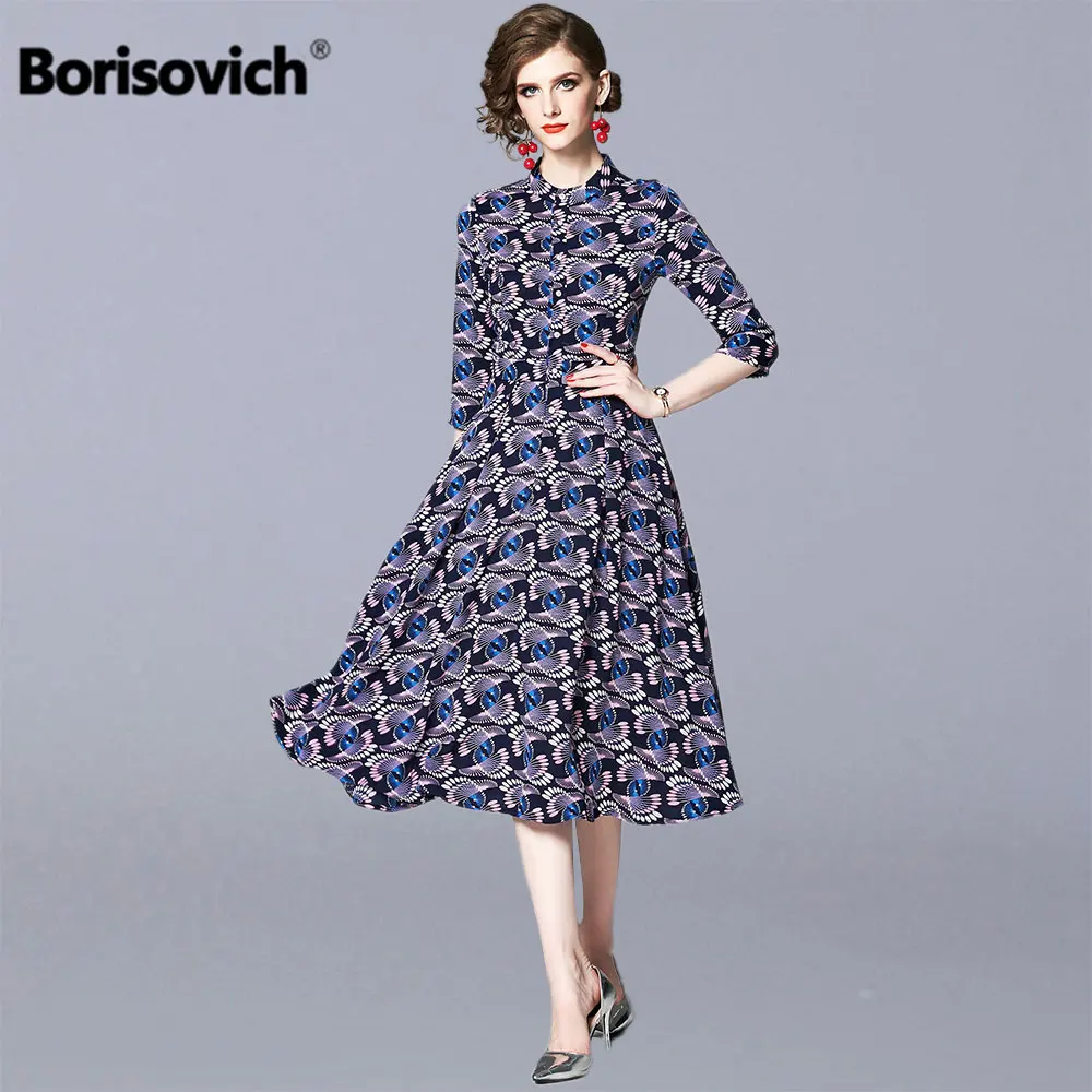 

Borisovich Women Summer Casual Long Dress New 2019 Fashion Vintage Print Big Swing A-line Ladies Elegant Party Dresses N1155