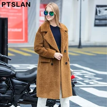 Ptslan Women Coat New Lambs Wool Coats Korean Fashion Long Sheared Fur Coat High Quality Winter Clothes Shearing Coat With Pocke