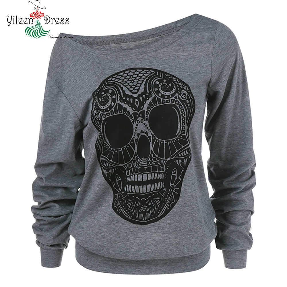 Yileen череп печати Хэллоуин Для женщин Sweatershirt косой воротник 2018 Осенняя мода плюс Размеры толстовки Блузки Топы Женский Костюмы