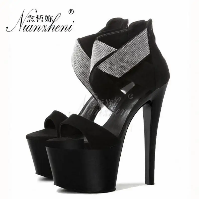

6 Inch fashion Rhinestone Ankle Strap Platform sandals punk queen gladiator sexy shoes with Suede big size 15cm high heels
