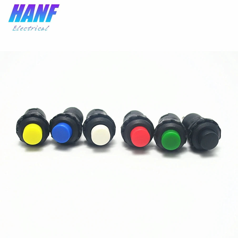 6pcs 12mm Polychrome Push Button Switch Self-locking High Head 2Pins 3A/125V Red Green Yellow Black White Blue