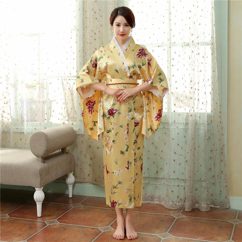 Gold Vintage Japanese Ladies' Kimono Bath Gown Women's Satin Yukata