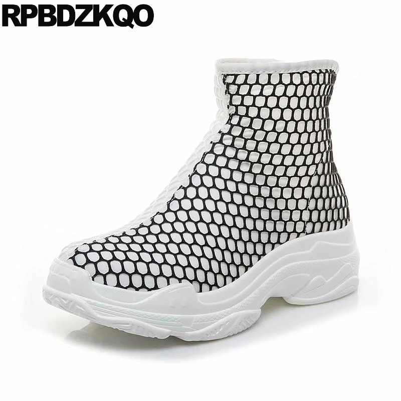 

shoes summer casual muffin black and white booties slip on women ankle boots medium heel cut out sandals flatform mesh wedge