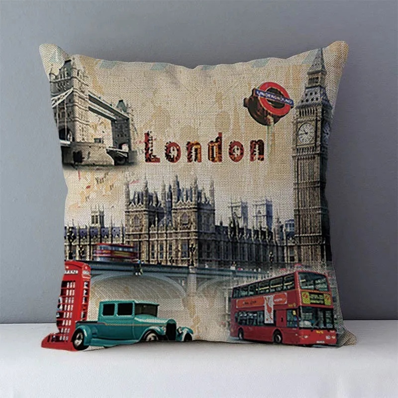 Retro Nostalgic couch cushion home decorative pillows London Paris scenic printed square 45x45cm pillowcase seat back cushions 