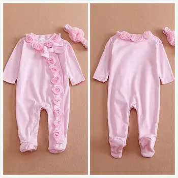 

0--7M Newborn Baby Girls Romper Long Sleeve Cotton Headband lovely Pink Clothes Jumpsuit Outfits Set
