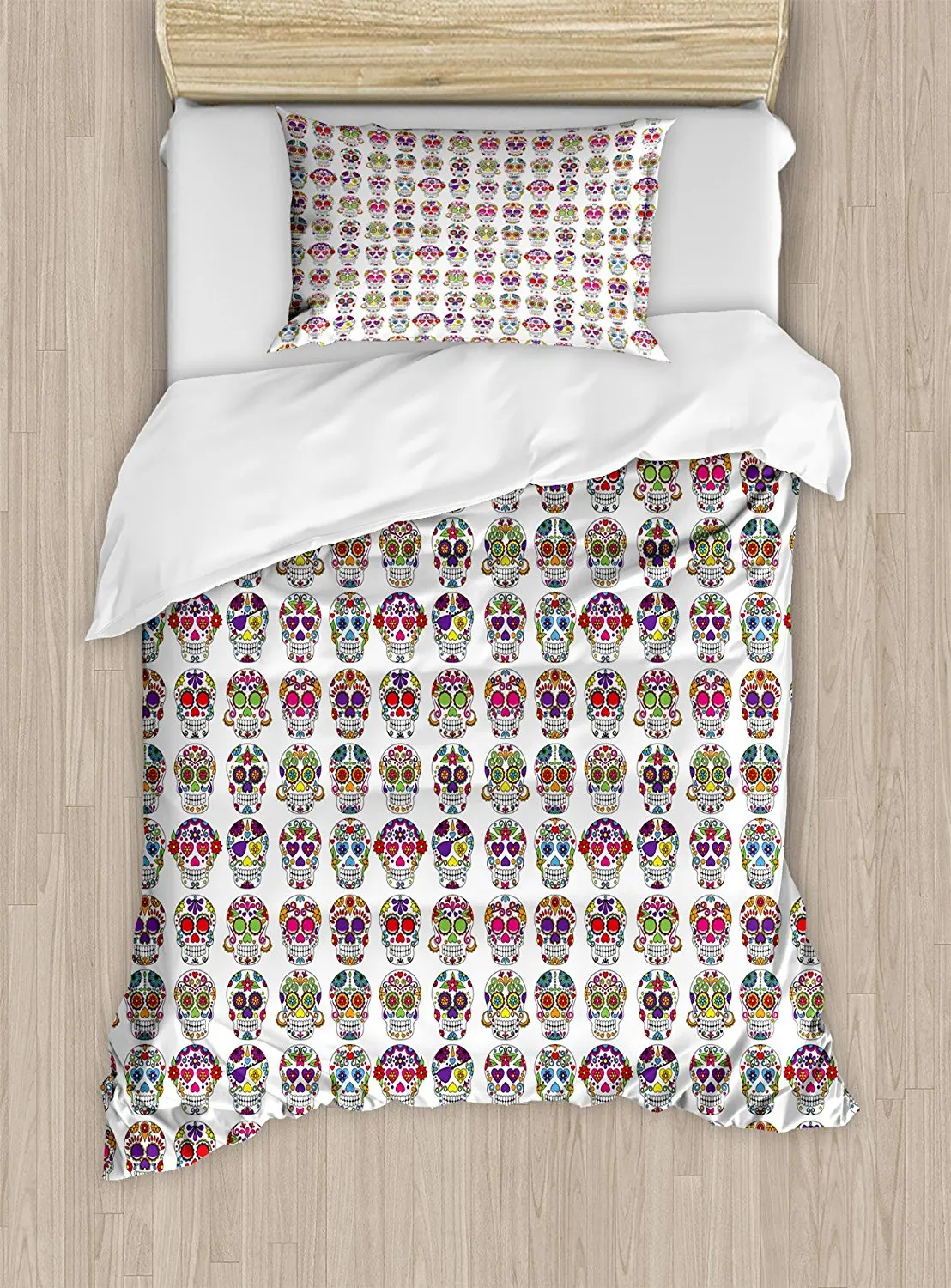 

Sugar Skull Duvet Cover Set Day of the Dead Colorful Skulls With Flowers Mexican Style Artistic Pattern 4 Piece Bedding Set