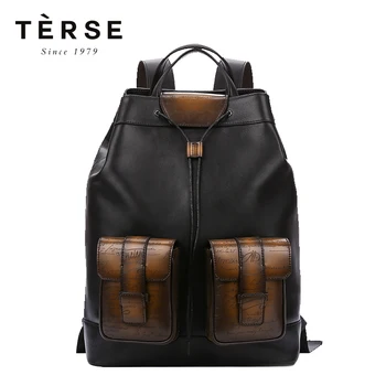 

TERSE Men's Backpacks Handmade Cow leather Patch Work Back Packs Vintage Preppy Style Large Capacity Bag For Male LN9703-1