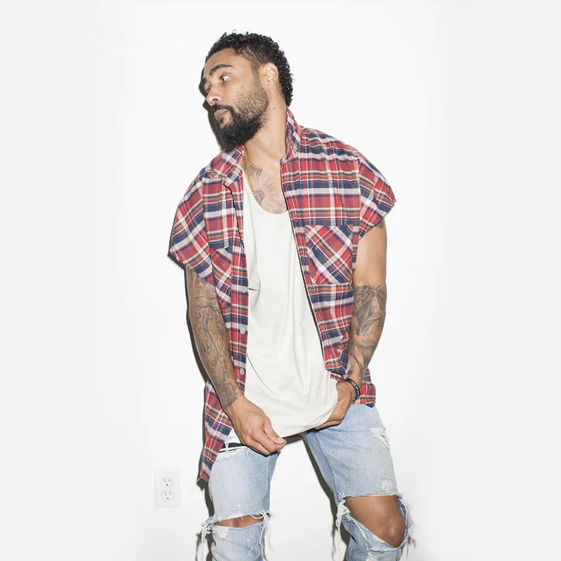 Streetwear Oversized Plaid Sleeveless Shirts Waist Zipper Checkered Mens Justin Bieber Tide Multi-color Loose Waistcoat Shirt