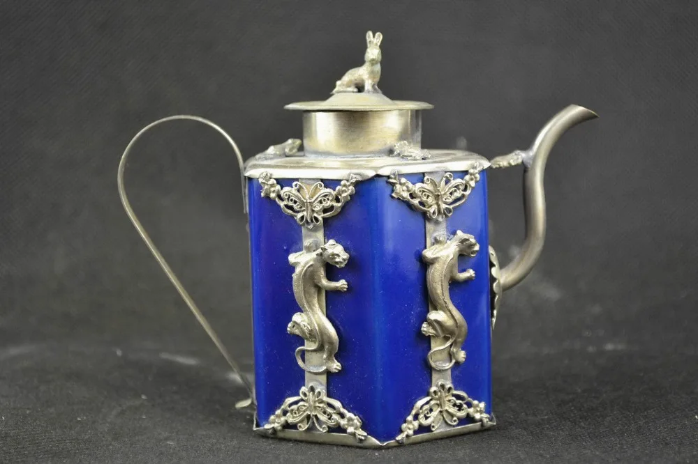 

Tibetan Decorated Porcelain Armoured Butterfly & Leopard & Rabbit Lid Rare Tea Pot fast shipping tools wedding Decoration Brass