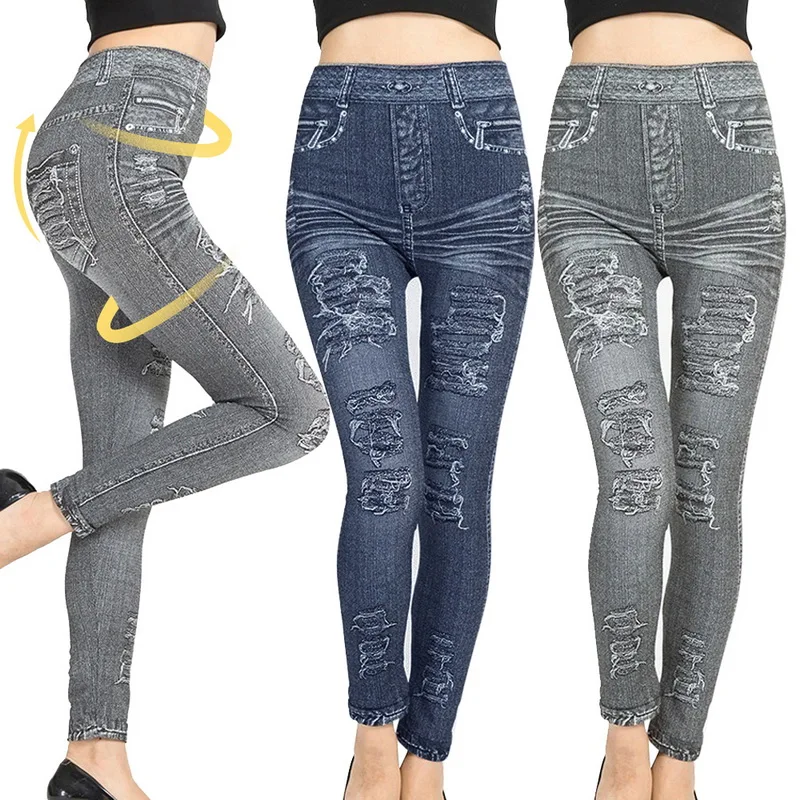 Модные тонкие женские леггинсы из искусственной лосины из джинсовой ткани, сексуальные летние леггинсы с длинным карманом и принтом, повседневные узкие брюки, большие размеры
