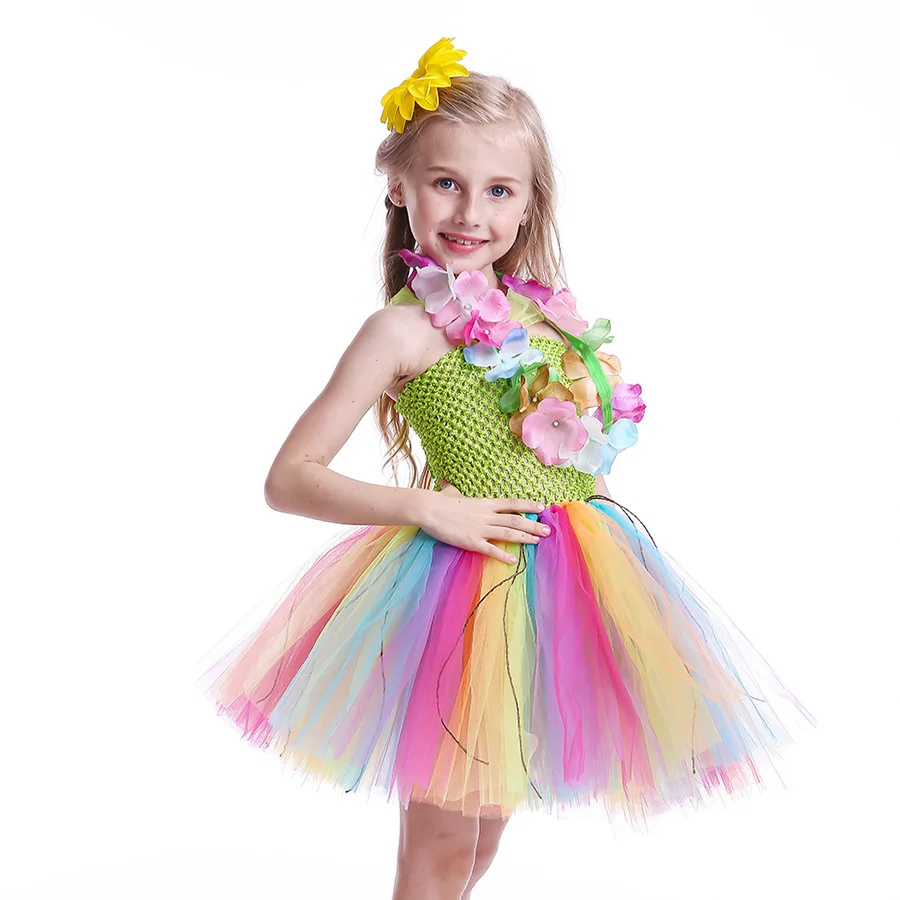 Girls Hawaiian Grass Hula Tutu Dress with Flower Garland Necklace Kids (5)