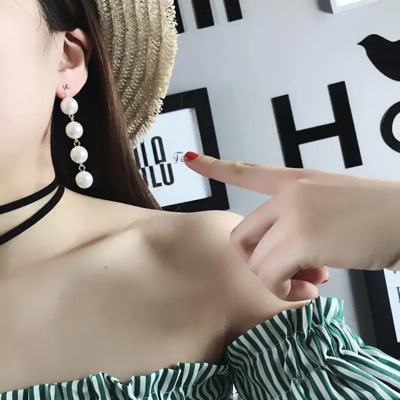 New Personality Wild Simple Temperament Earrings Exaggerated Large Pearl Tassel Long Earrings Beaded Prevent Allergy Earrings - Image 4