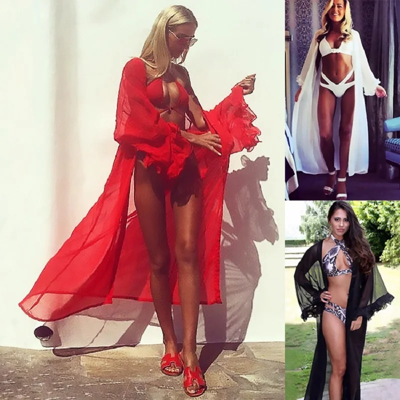 

2019 New Pareo Beach Bikini Cover Up Floral Sleeve Swimwear Women Chiffon Robe De Plage Beach Cardigan Saida De Praia Longa