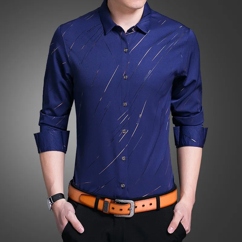 MIACAWOR, весна, мужская рубашка с модным принтом, рубашка с длинным рукавом, повседневная мужская одежда C414 - Цвет: Синий