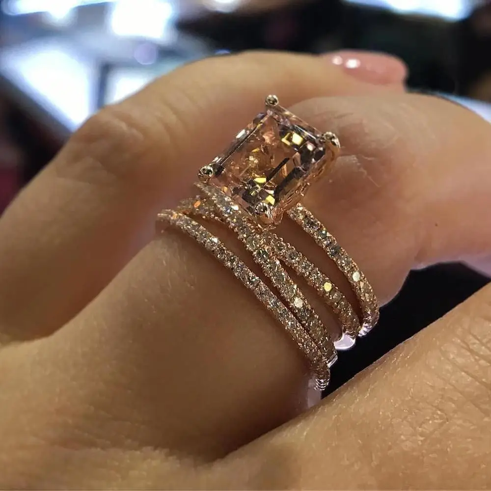 

Romantic Women Rings Square Crystal Multilayer Rose Gold Ring Female Charm Engagement Party Jewelry Gifts