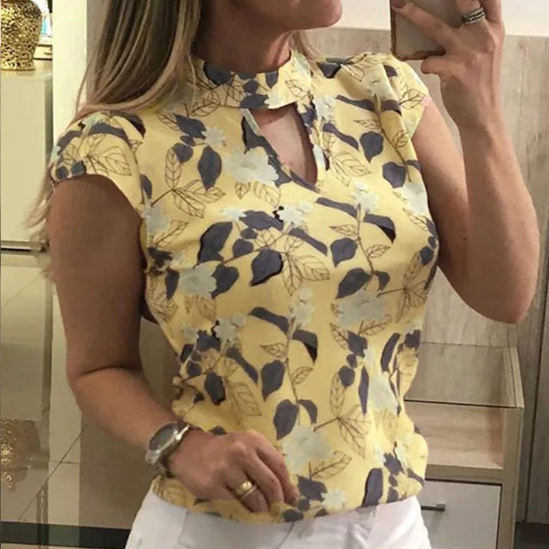 Hollow Out Chiffon Print Floral Short Sleeve Lady Shirt Blouse Women Casual Plus Size 3XL Shirts 2019 Summer Fashion Tops Female
