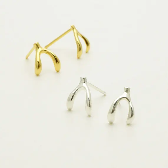 S009 Gold Silver Cute Wishbone Stud Earring Lucky bone Stud Earring Tiny Wish Bone Stud Earrings for Women Girls Jewelry