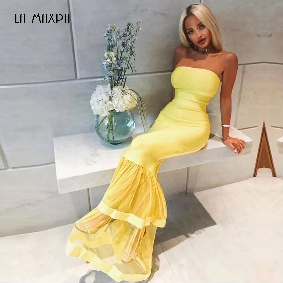 

2018 new women's dress summer strapless mermaid yellow ruffled long bandage dress sleeveless cocktail party sexy dress