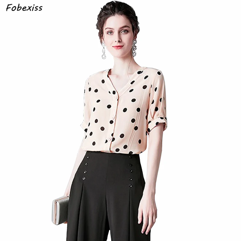 

100% Mulberry Silk Blouse Half Sleeve Sexy V Neck Vintage Polka Dot Elegant Transparent Pink Silk Kimono Silk Crepe Blouse Top