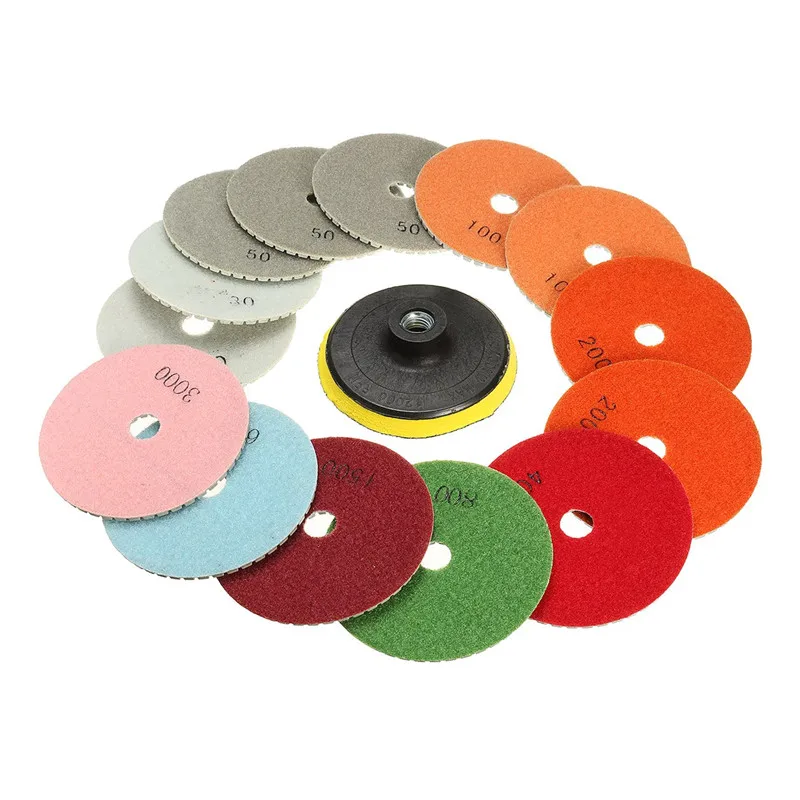 Kopen 15 stks set 4 Inch 30 6000 Grit Diamant Polijsten Pads Met Backer Pad REP Sticks Steen Nat Droog Graniet beton Marmer Gereedschap