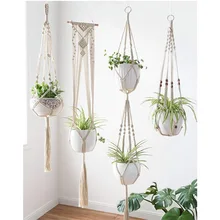 Macrame Flowerpot Hanging Basket Plant Hook Indoor and Outdoor Wall Weaving Hanging Home Decoration 4 Pcs Set Flowerpot Net Bag