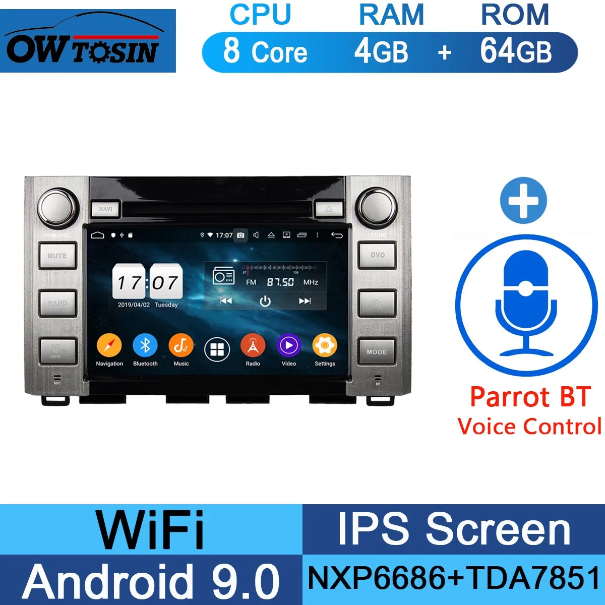 " ips 1920*1080 8 Core 4G ram+ 64G rom Android 9,0 автомобильный dvd-плеер для Toyota Sequoia Tundra DSP радио gps Parrot BT - Цвет: 64G Parrot BT