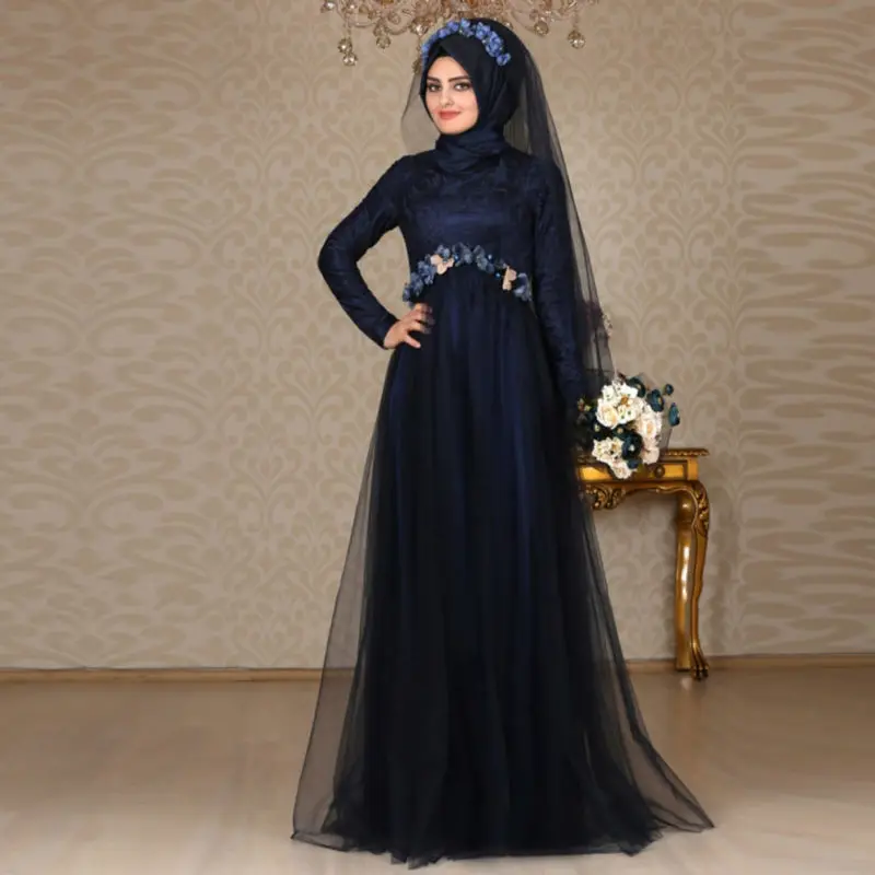 2016 Custom Made Muslim Evening Dresses Navy Blue Turkish Islamic Women Formal Long Dress With font