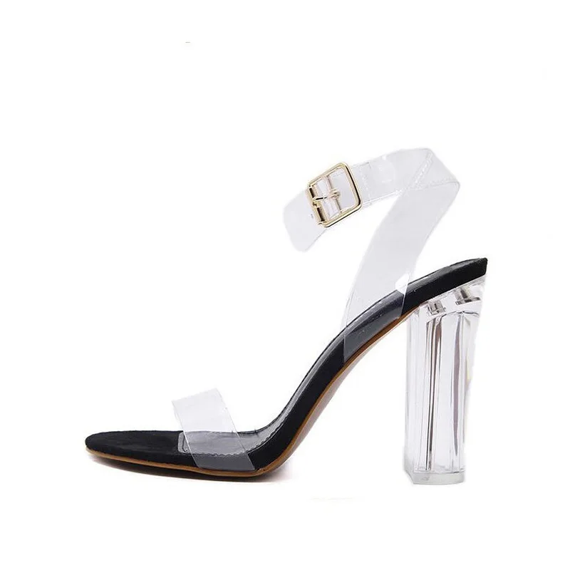 Прозрачные туфли-лодочки женская обувь высокий каблук Дамская обувь Туфли-лодочки на квадратном каблуке с ремешками на лодыжках Обувь на высоком каблуке женские туфли Босоножки с открытым носом - Цвет: black