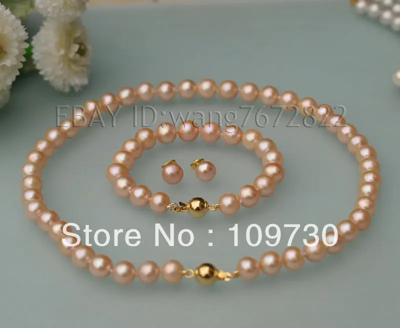 

Hot sell Noble- Jewelry 00302 Sets AA 9-10mm pink cuitured akoya pearl necklace bracelets earrings (A0516)