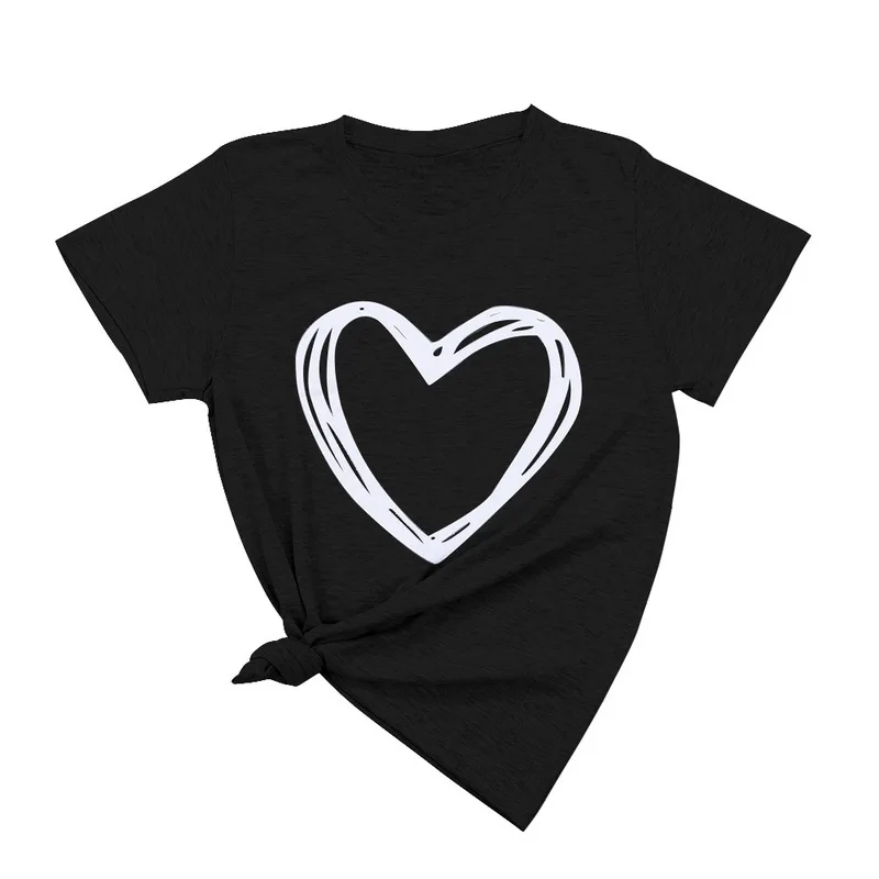 Женская летняя повседневная футболка с принтом сердца размера плюс 6XL 7XL 8XL, женские топы с коротким рукавом и О-образным вырезом, свободные топы, футболки - Цвет: black