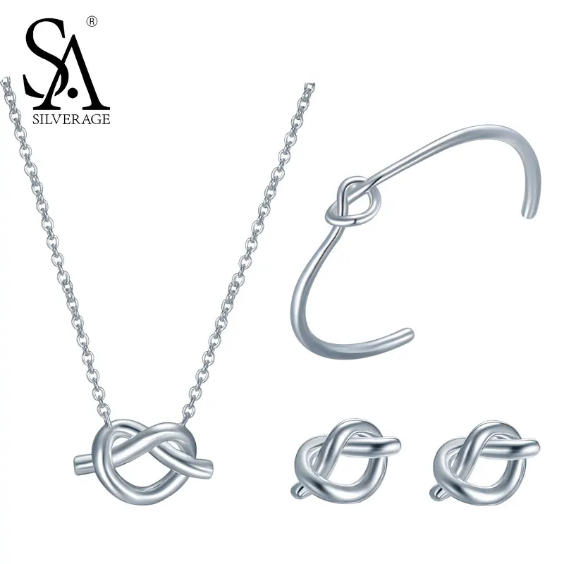 

SA SILVERAGE Real 925 Sterling Silver Knot Heart Jewelry Set Knot Chain Necklace Bangle Earrings Women Jewelry girl wedding gift