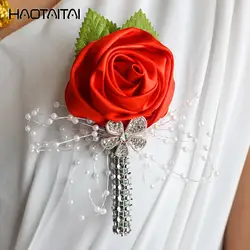 Бутоньерки 2018 продавать фабрики Перл атласные свадебные корсажи и невеста жених цветочным Pin Diamond брошь Fower Artififical