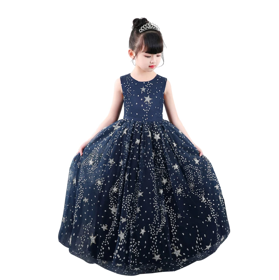Темно-синяя одежда без рукавов с круглым вырезом для детей от 4 до 15 лет детская одежда с блестками и звездами, Детские Платья с цветочным узором для девочек, платье принцессы для свадебной вечеринки