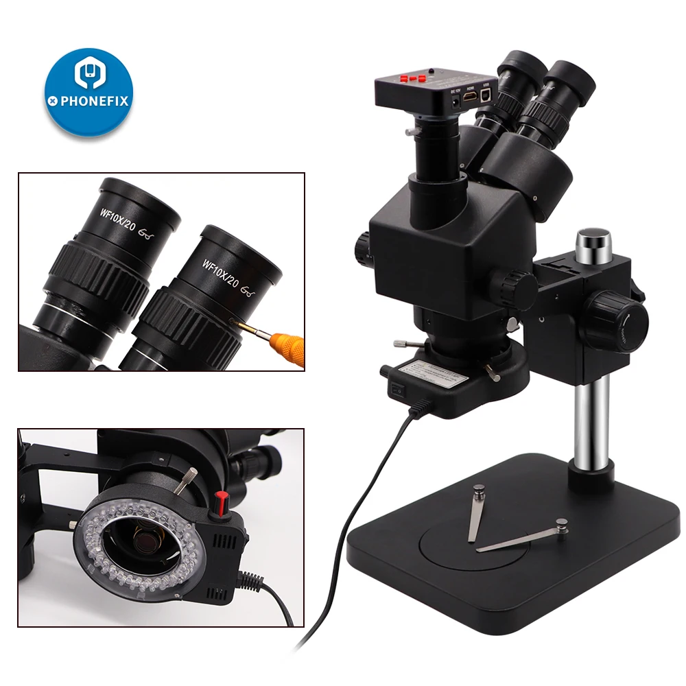 3.5X-90X Simul-focal Zoom Trinocular Stereo Microscope with 14MP 16MP 21MP HDMI Camera Black Microscope Phone Soldering Repair