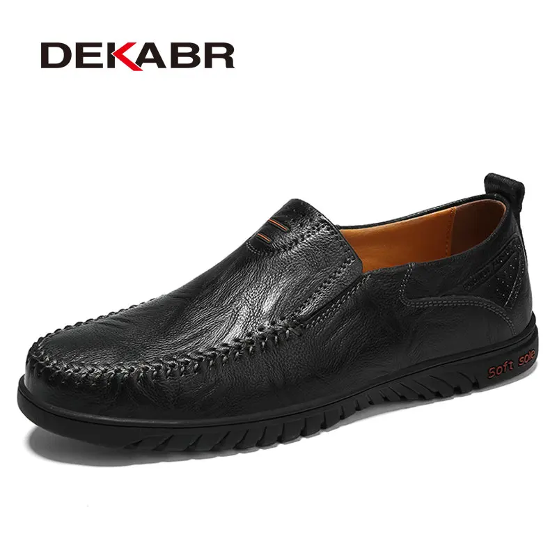 Мужские туфли на плоской подошве DEKABR, красно-коричневые повседневные мокасины из натуральной кожи, удобная мягкая обувь, большие размеры 37-47, весна-осень - Цвет: 01 Black
